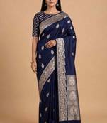 Navy blue semi kataan silk banarasi saree with beautiful floral booti zari work