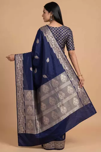 Navy blue semi kataan silk banarasi saree with beautiful floral booti zari work