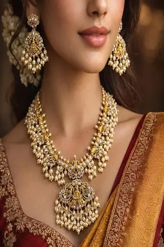 Antique Gold Temple Jewelry Set: Lakshmi Haram Necklace, Jhumka Earrings, Guttapusalu Pearls