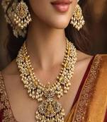 Antique Gold Temple Jewelry Set: Lakshmi Haram Necklace, Jhumka Earrings, Guttapusalu Pearls