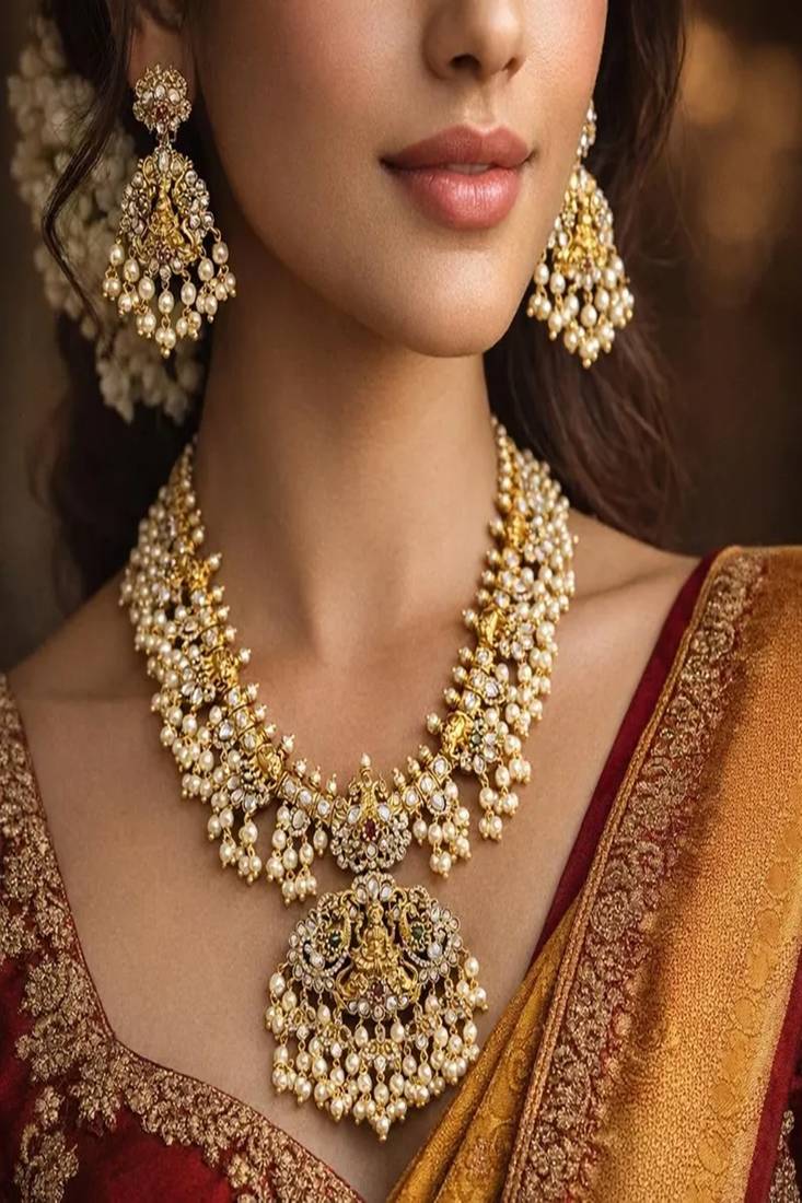Antique Gold Temple Jewelry Set: Lakshmi Haram Necklace, Jhumka Earrings, Guttapusalu Pearls