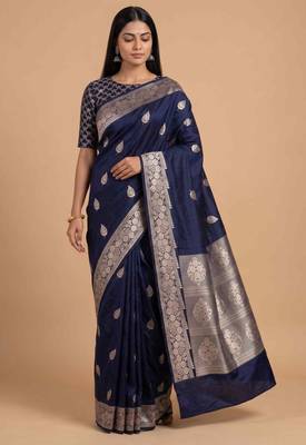 Navy blue semi kataan silk banarasi saree with beautiful floral booti zari work 3