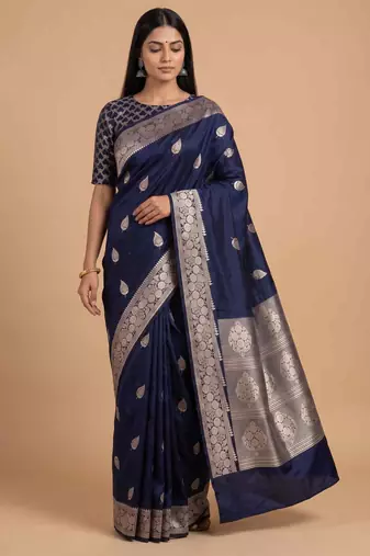 Navy blue semi kataan silk banarasi saree with beautiful floral booti zari work