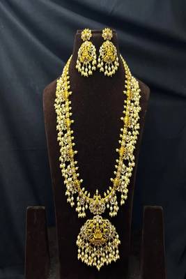 Antique Gold Temple Jewelry Set: Lakshmi Haram Necklace, Jhumka Earrings, Guttapusalu Pearls 2