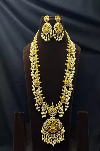 Antique Gold Temple Jewelry Set: Lakshmi Haram Necklace, Jhumka Earrings, Guttapusalu Pearls