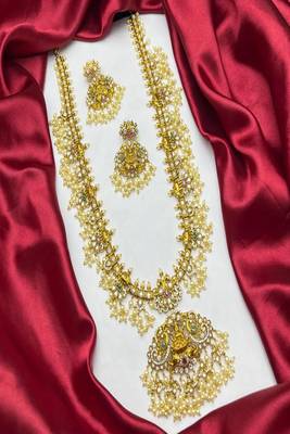 Antique Gold Temple Jewelry Set: Lakshmi Haram Necklace, Jhumka Earrings, Guttapusalu Pearls 3