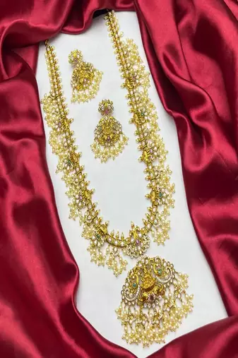 Antique Gold Temple Jewelry Set: Lakshmi Haram Necklace, Jhumka Earrings, Guttapusalu Pearls