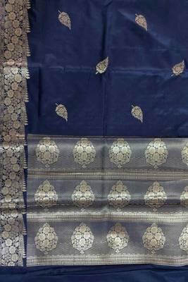 Navy blue semi kataan silk banarasi saree with beautiful floral booti zari work 4