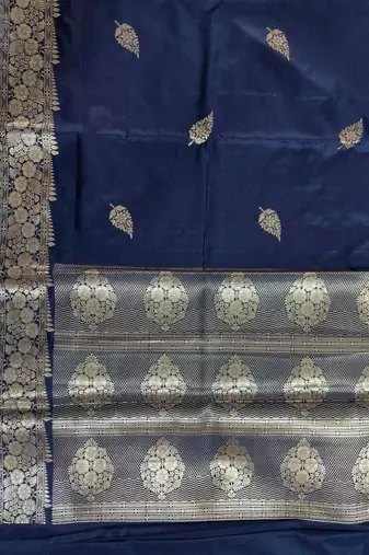 Navy blue semi kataan silk banarasi saree with beautiful floral booti zari work