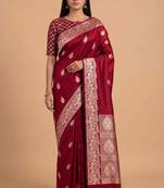 Red semi kataan silk banarasi saree with beautiful floral booti zari work