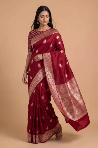 Red semi kataan silk banarasi saree with beautiful floral booti zari work