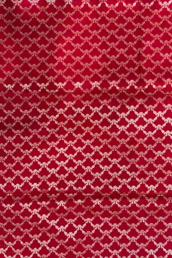 Red semi kataan silk banarasi saree with beautiful floral booti zari work