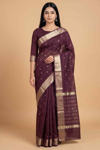Chocolate brown cotton silk banarasi saree with zari booti work