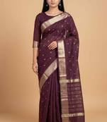 Chocolate brown cotton silk banarasi saree with zari booti work