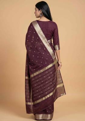 Chocolate brown cotton silk banarasi saree with zari booti work 2