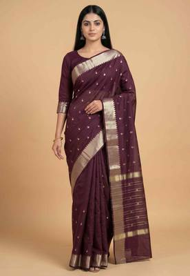 Chocolate brown cotton silk banarasi saree with zari booti work 3