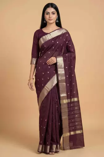 Chocolate brown cotton silk banarasi saree with zari booti work