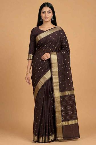 Coffee brown cotton silk banarasi saree with zari booti work