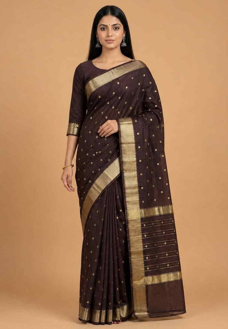 Coffee brown cotton silk banarasi saree with zari booti work