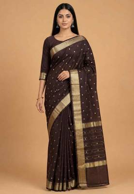 Coffee brown cotton silk banarasi saree with zari booti work 3