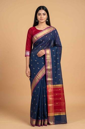 Blue cotton silk banarasi saree with zari booti work