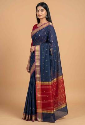 Blue cotton silk banarasi saree with zari booti work 3