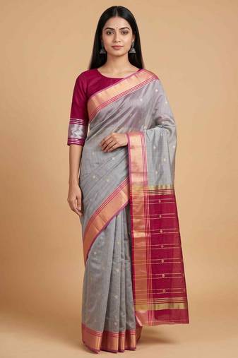 Grey cotton silk banarasi saree with zari booti work