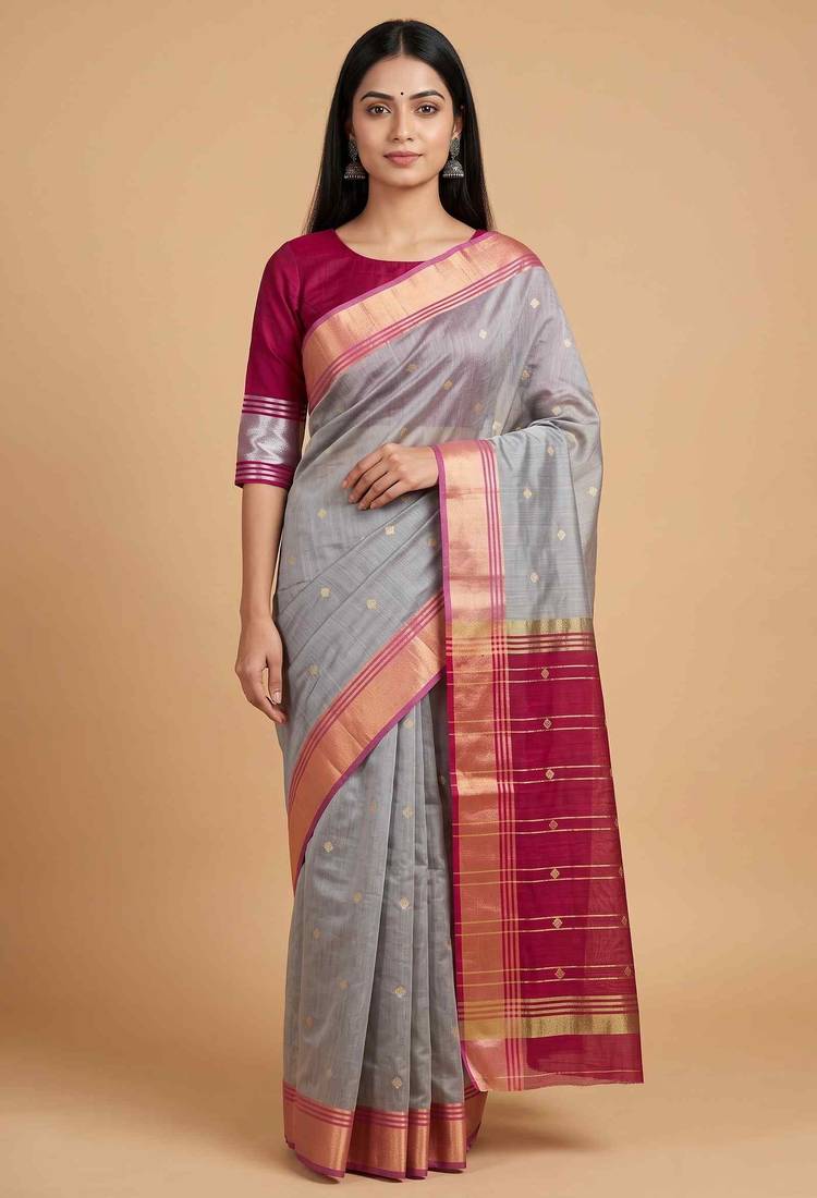Grey cotton silk banarasi saree with zari booti work