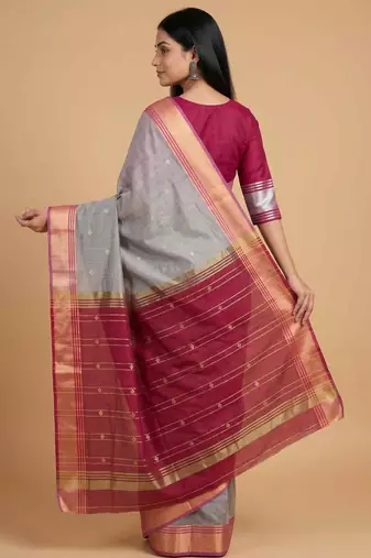 Grey cotton silk banarasi saree with zari booti work