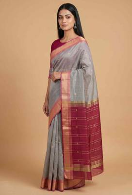 Grey cotton silk banarasi saree with zari booti work 3