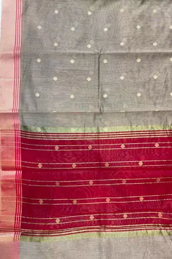 Grey cotton silk banarasi saree with zari booti work