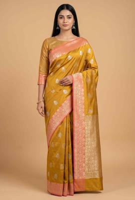 Mustard semi kataan silk banarasi saree with sona rupa floral zari work 1