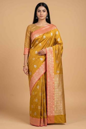 Mustard semi kataan silk banarasi saree with sona rupa floral zari work