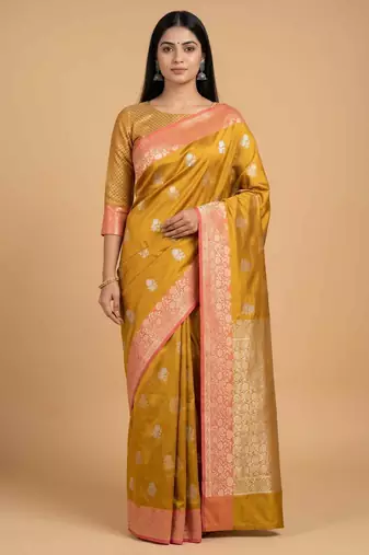 Mustard semi kataan silk banarasi saree with sona rupa floral zari work