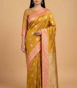 Mustard semi kataan silk banarasi saree with sona rupa floral zari work