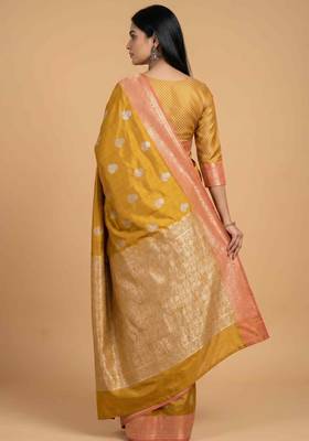 Mustard semi kataan silk banarasi saree with sona rupa floral zari work 2