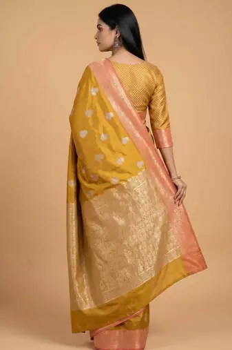 Mustard semi kataan silk banarasi saree with sona rupa floral zari work