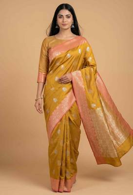 Mustard semi kataan silk banarasi saree with sona rupa floral zari work 3