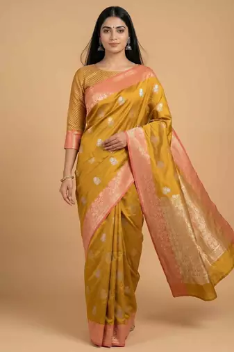 Mustard semi kataan silk banarasi saree with sona rupa floral zari work
