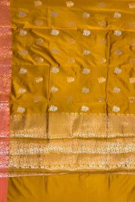 Mustard semi kataan silk banarasi saree with sona rupa floral zari work 4