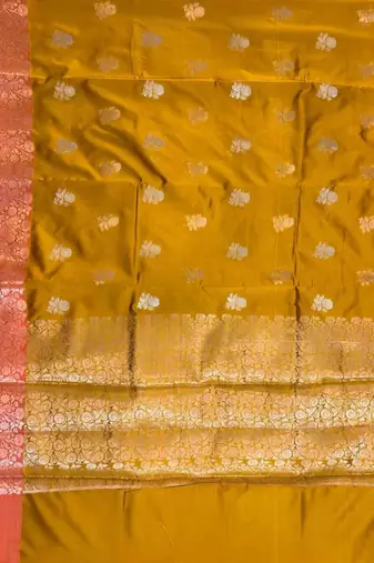 Mustard semi kataan silk banarasi saree with sona rupa floral zari work