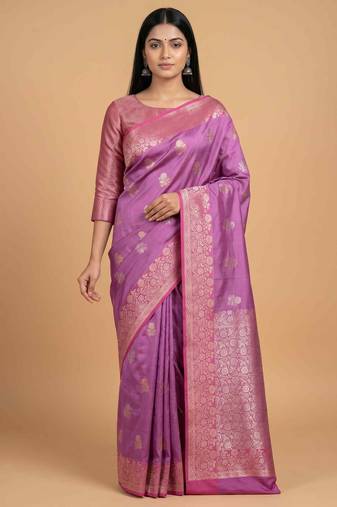 Pink semi kataan silk banarasi saree with sona rupa floral zari work