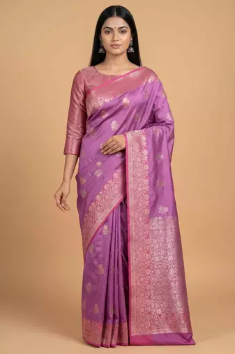 Pink semi kataan silk banarasi saree with sona rupa floral zari work