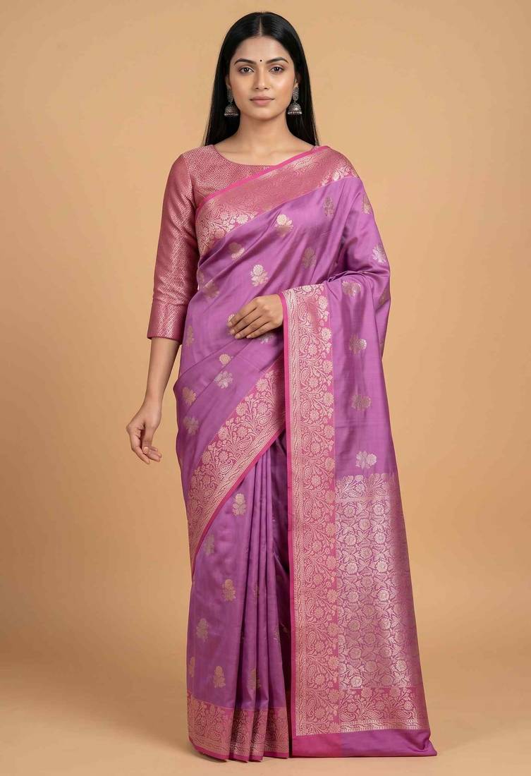 Pink semi kataan silk banarasi saree with sona rupa floral zari work