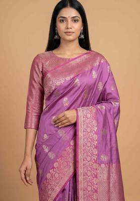 Pink semi kataan silk banarasi saree with sona rupa floral zari work 2