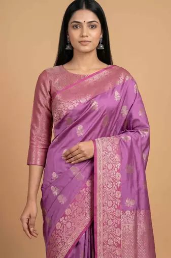 Pink semi kataan silk banarasi saree with sona rupa floral zari work