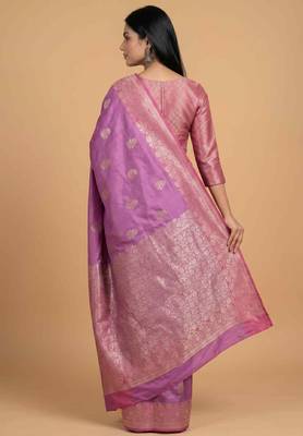 Pink semi kataan silk banarasi saree with sona rupa floral zari work 3
