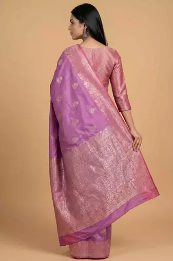 Pink semi kataan silk banarasi saree with sona rupa floral zari work
