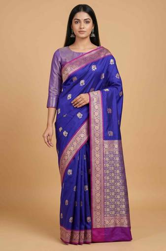 Royal blue semi kataan silk banarasi saree with sona rupa floral zari work