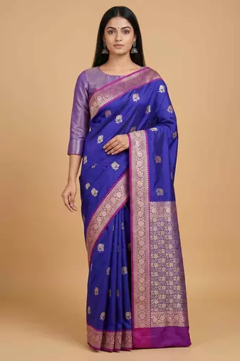 Royal blue semi kataan silk banarasi saree with sona rupa floral zari work